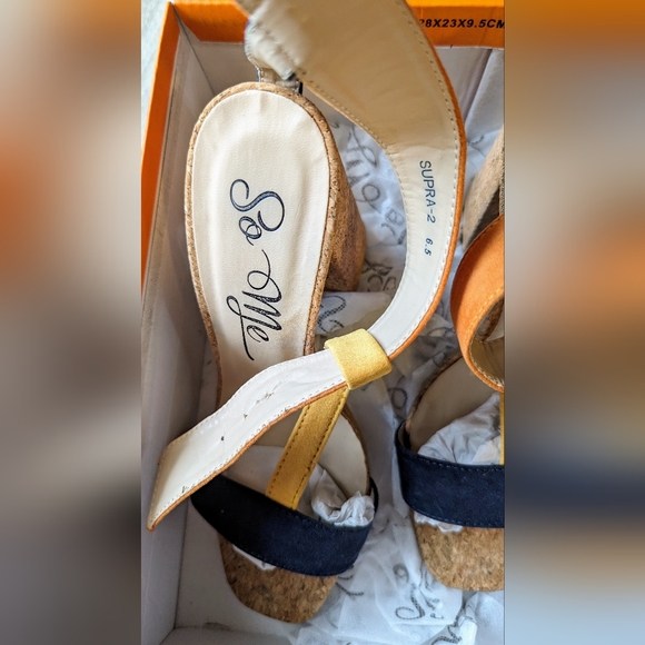 So Me Footwear, Supra-2 Navy Orange Cork Combo Color Block Heels - Picture 13 of 16